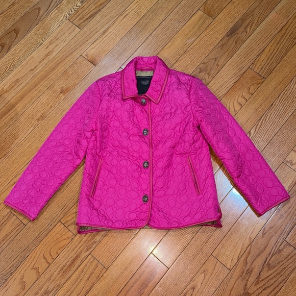 ‼️Coach Pink Logo Quilted Turnlock Leather Trim Jacket - Picture 3 of 7